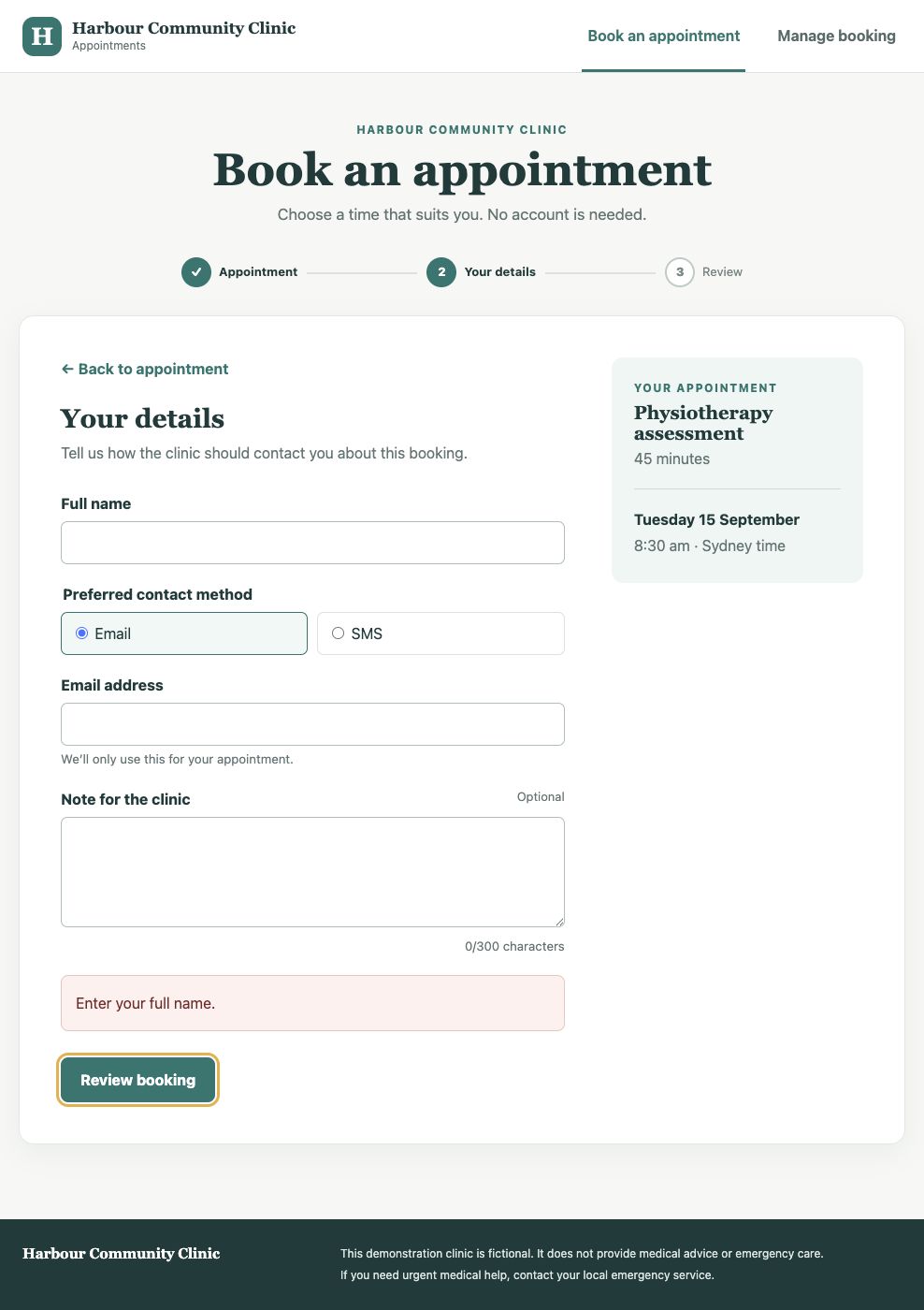 Clinic details form showing an Enter your full name error below the entire form while the empty full-name field remains unmarked near the top