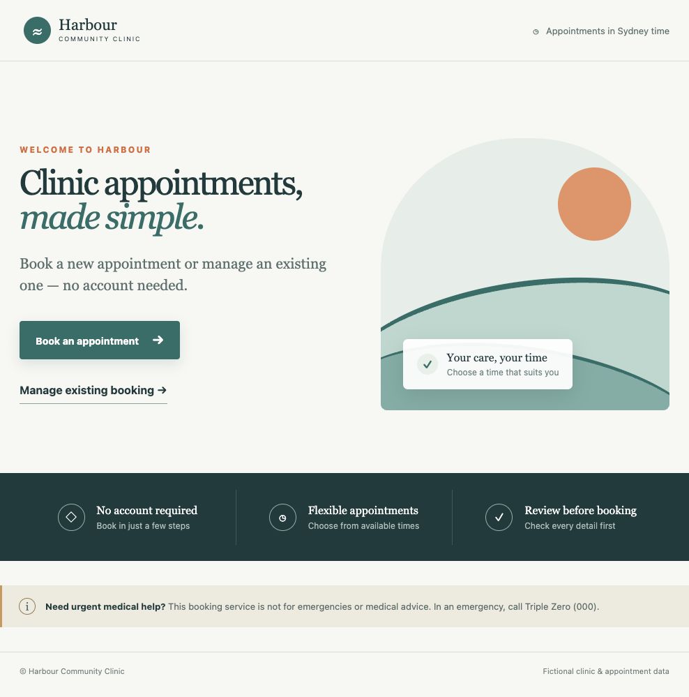 Baseline clinic interface with an illustrated landing page, four-step booking flow and green appointment call to action