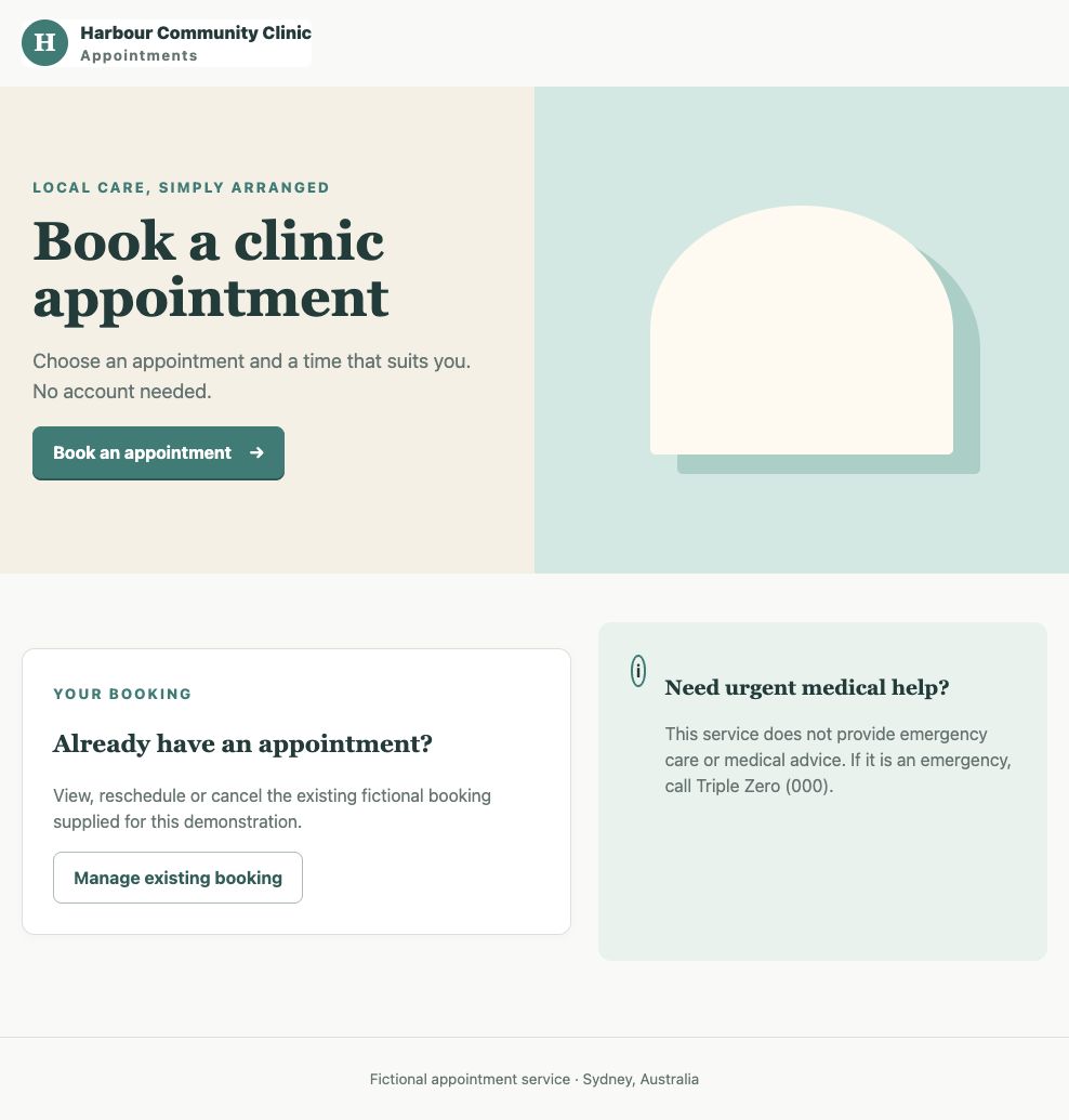 Frozen-context clinic interface with a split hero and two uneven cards for an existing booking and urgent medical information