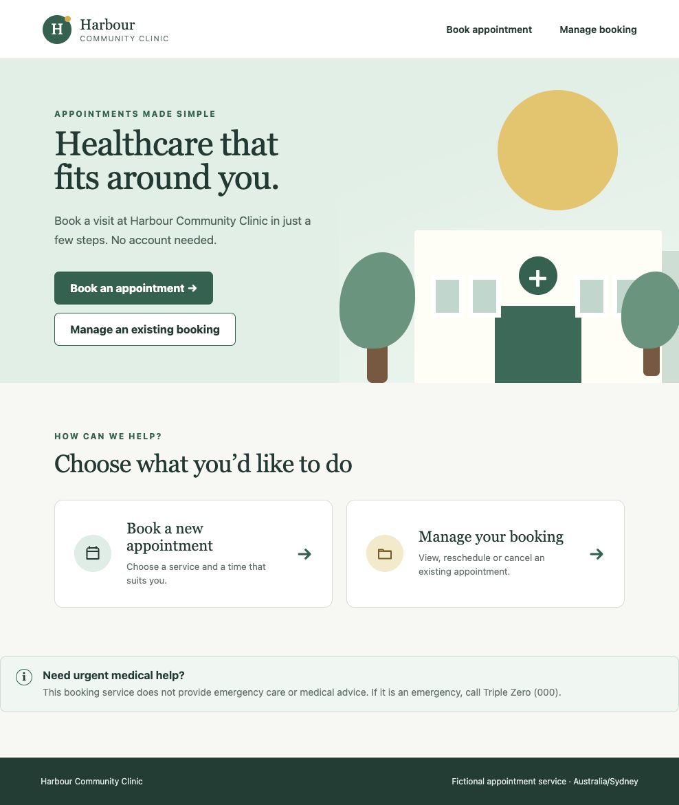 Directed MCP clinic interface with a large illustrated landing page and repeated booking and booking-management actions
